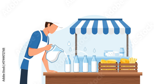A milkman pouring milk into bottles at a local market stall of dairy products