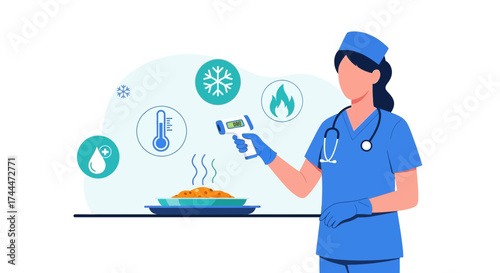 A medical professional using a thermometer to measure the temperature of food for health