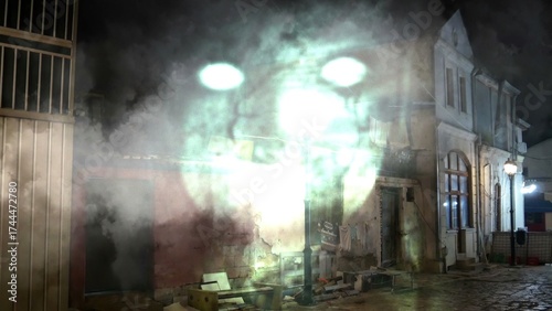 Eerie ghostly figure appearing in a foggy dark alley at night