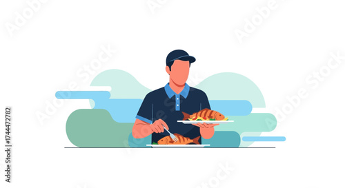 A minimalistic of person with hat holding and eating fish from a plate using fork