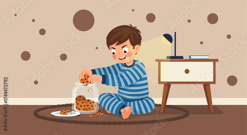 A mischievous boy in pajamas snuck into the room to steal cookies from the jar