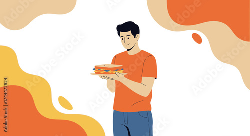 A Person Holding And Looking At A Delicious Sandwich Meal In The Orange T Shirt