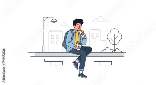 A student enjoying fast food in a city setting illustration with minimal design style
