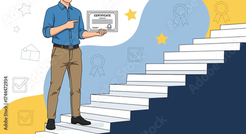 A person holding a certificate on the stairs, metaphor of career improvement and success