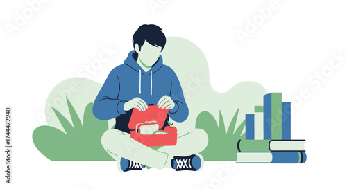 A Student Preparing Lunch While Sitting Near Books, Illustration Of Mealtime Scene