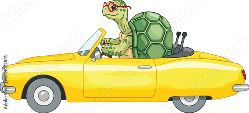 Cartoon turtle driving a yellow convertible car with glasses and a determined expression