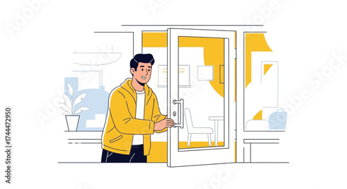 A Person Opens A Door: Entering A Restaurant Or Cafe, Cartoon And Modern Style Illustration