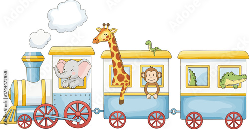 Cartoon Train with Animals Elephant, Giraffe, Monkey, Dinosaur, and Crocodile Riding