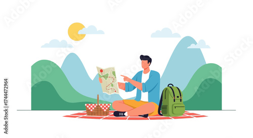 A person outdoors looking at a map on a picnic with a backpack and mountains in background