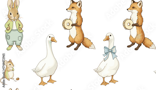 Charming Watercolor Animals - Cute Fox, Goose, Mouse, and Bunny Illustrations in a Whimsical Style