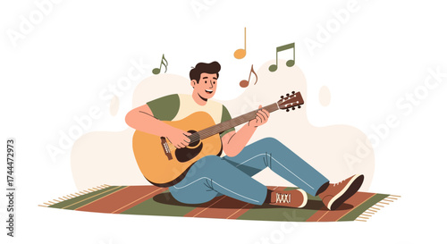 A person playing the guitar sitting down with music notes concept illustration design