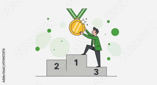 A Successful Businessman Celebrating Victory with a Gold Medal on a Podium