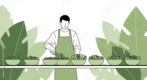 A Person Prepares Fresh Salad Bowls With Organic Vegetables and Greenery For Serving