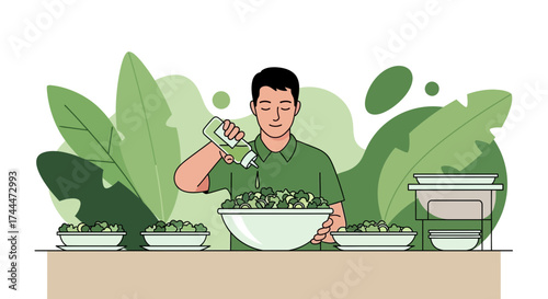 A Person Prepares Fresh Salad with Vegetables and Dressing in a Light Green Environment