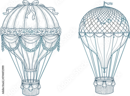 Elegant set of two vintage hot air balloons with romantic details, a whimsical line art vector illustration for travel concepts