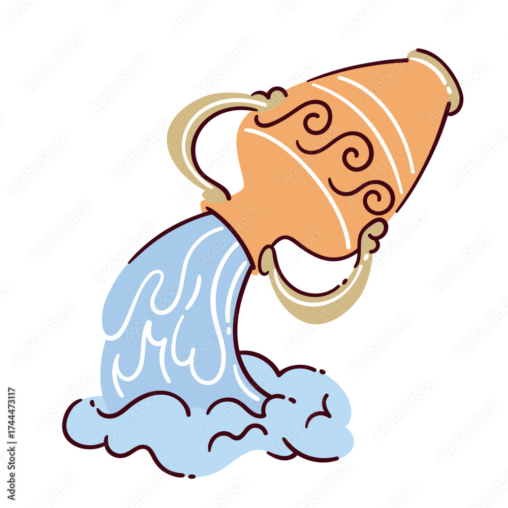 Obraz premium Aquarius zodiac sign. Astrology emblem, color doodle jug pouring water vector illustration.