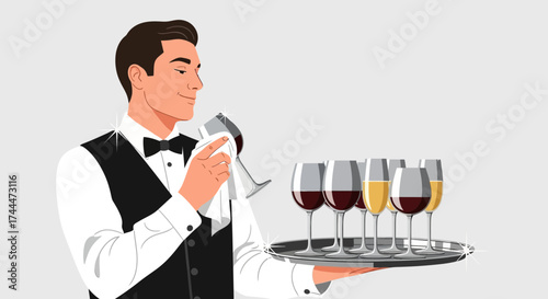 A Well-Dressed Sommelier Inspecting Wine Glasses on a Tray in Elegant Vector Illustration