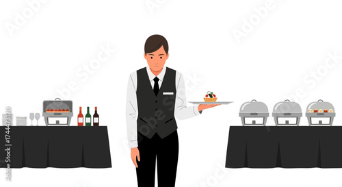 A waiter presenting some food in a buffet setting at a restaurant or catering event