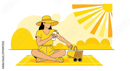 A woman applies sunscreen on her arm while sitting on a sunny day