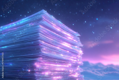 Shimmering stack of translucent sheets illuminated by cosmic hue