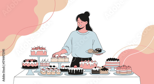 A woman arranging a variety of delicious cakes and pastries, perfect for events