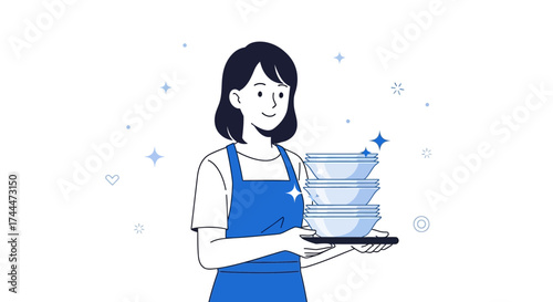 A woman carrying a tray with clean dishes, housekeeping and service concept