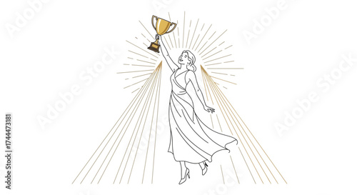A Woman Celebrating Victory with a Trophy Vector Illustration on White Background
