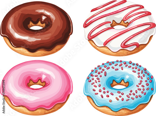 A delightful collection of four freshly baked donuts, each adorned with unique and vibrant icings and toppings for a sweet treat