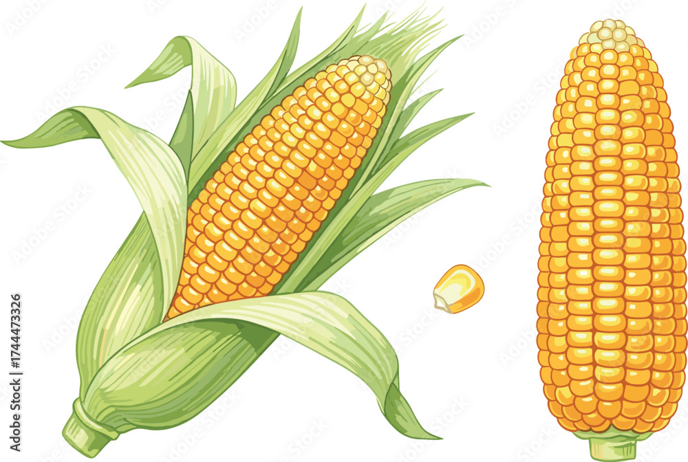 Obraz premium Vibrant illustration of a ripe corn cob with kernels and green husks, showcasing a single kernel and a whole cob