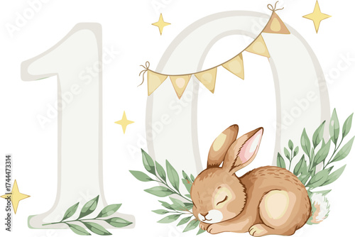 Adorable Tenth Birthday Illustration Featuring a Sleeping Bunny and Festive Decorations