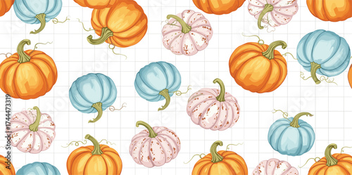 Delightful seamless autumn harvest pattern featuring a vibrant array of illustrated pumpkins and gourds in various colors, perfect for festive fall season designs and decorative backgrounds