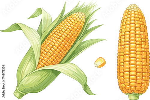 Vibrant illustration of a ripe corn cob with kernels and green husks, showcasing a single kernel and a whole cob