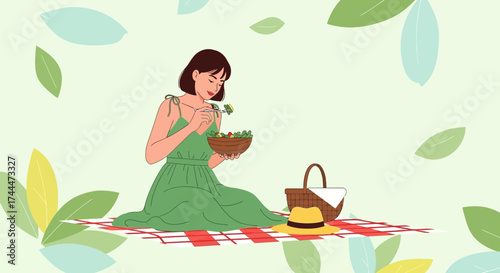 A Woman Enjoying A Picnic With A Salad In A Green Dress In A Park Setting