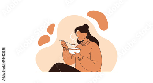 A woman enjoying soup illustration cozy and warm atmosphere healthcare and relaxation