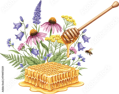 Sweet Honeycomb with Wildflowers and a Honey Dipper, a Bee Flies Nearby
