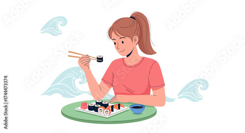 A woman enjoying sushi with chopsticks on a plate during her meal time