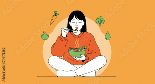A Woman Enjoys Fresh Delicious Vegetables and Fruit for a Healthy Lifestyle