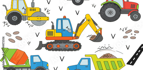 Seamless pattern with cute cartoon construction vehicles for kids. Hand-drawn excavator, dump truck, and roller design for playful childhood themes