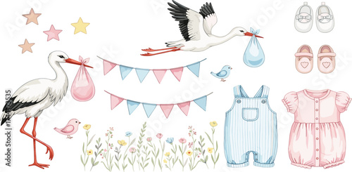 Adorable Stork Delivering Newborn Baby and Nursery Items for a Baby Shower Celebration