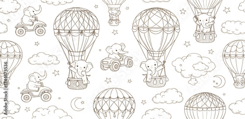 Charming cartoon seamless pattern featuring cute elephants in hot air balloons and driving ATVs among clouds and stars