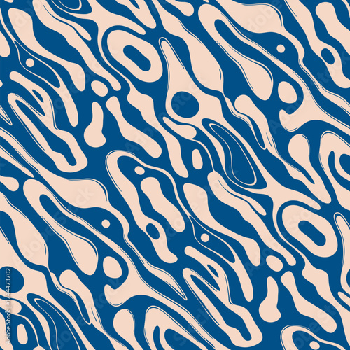 Vector abstract seamless pattern with organic shapes. Simple stylish background with liquid lines, fluid shapes, spots, biological structures. Groovy wavy texture. Blue and beige repeated design