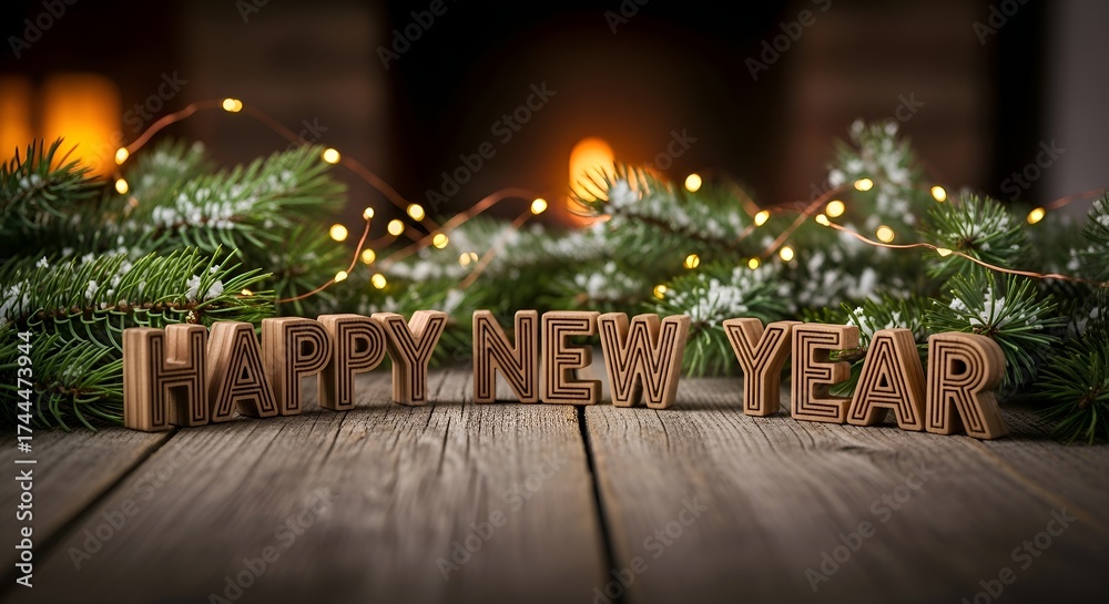Obraz premium Carved Wood Happy New Year Decor on Snowy Winter Surface