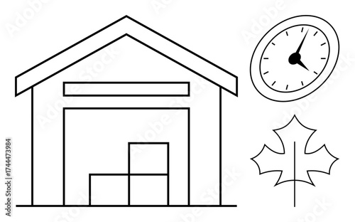 Warehouse with stacked boxes, a clock symbolizing time, and a leaf indicating seasonality. Ideal for logistics, inventory, time tracking, sustainability, planning, storage seasonal operations