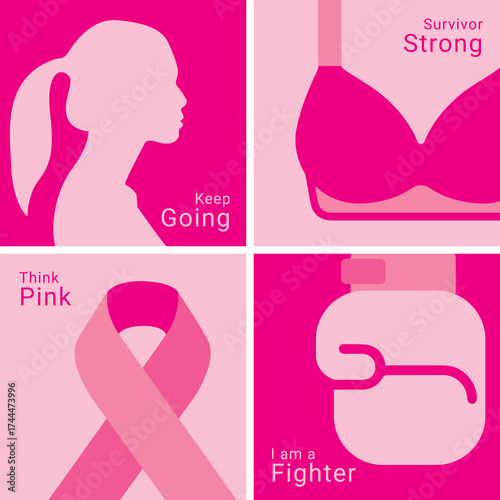 Minimalist vector illustration set of breast cancer awareness for social media, cover, backgrounds, banners, posters
