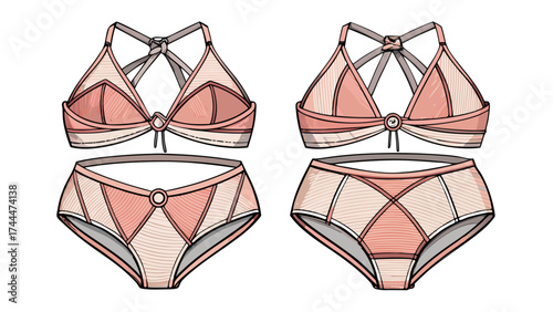 Bikini set technical sketch, front and back view, halter neck tops, twisted and ring detail, stitched bikini bottoms, swimwear fashion drawing, garment design template