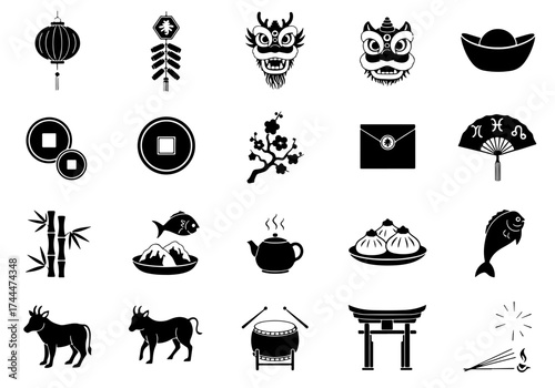 Chinese New Year Essentials Icon Set Minimalist Black Vector
