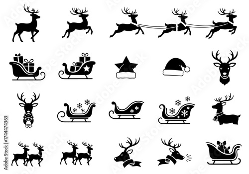 Reindeer and Sleigh Christmas Icon Set Minimalist Black Vector