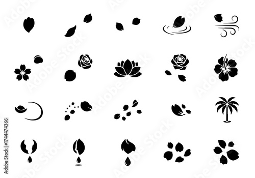 Falling Petals Icon Set Minimalist Black Vector