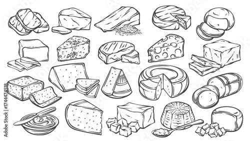 Set of assorted cheeses like mozzarella, camembert, cheddar, feta, and blue cheese in different shapes and textures. Hand drawn engraved style. Vector illustration of dairy collection for menu, packag