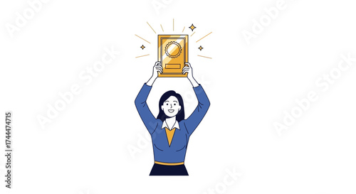 A Woman Holding Up A Trophy Showing Success, Achievement And Recognition As A Winner